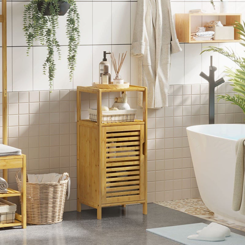VIAGDO Bamboo Cabinet, Bathroom Storage Cabinet with Single Door and Shelf, Freestanding Bathroom Cabinet, Kitchen Cupboard, Sofa Side Table for Living Room/Hallway/Kitchen - Image 2